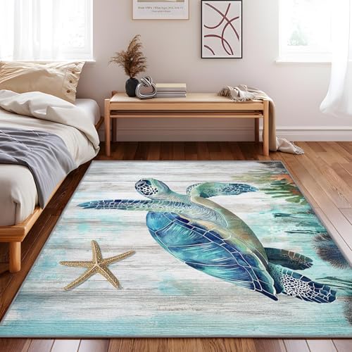 UUZEAI Niedlicher Teppich für Schlafzimmer mit Meeresschildkröte, Kurzflor Kinderteppiche Meerestiere Muster Vintage Wohnzimmerteppich rutschfeste Waschbar Teppich für Küche Badematte 60x130cm von UUZEAI