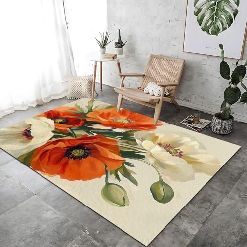 UUZEAI Orange Creme Mohnblumen Dekor Teppich für Schlafzimmer Wohnzimmer, Vintage Ölgemälde Botanisch Blumen Küchenteppich rutschfest Waschbarer Innen Bodenmatte 50x80cm UUZEAI Orange Creme Mohnblumen Dekor Teppich für Schlafzimmer Wohnzimmer, Vintage Ölgemälde Botanisch Blumen Küchenteppich rutschfest Waschbarer Innen Bodenmatte 50x80cm von UUZEAI
