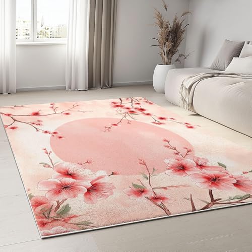 UUZEAI Rechteckig Teppich Schlafzimmer Kurzflor Rosa Elegante Kirschblüten Blume Weich rutschfest Waschbarer Teppiche für Küche Esszimmer Wohnzimmer Flur Deko(120x240cm) von UUZEAI