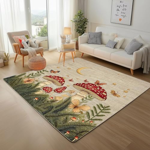UUZEAI Rechteckiger, waschbarer Teppich mit Pilz- und Schmetterlings-Pflanzenmuster, rustikale Teppiche für Wohnzimmer und Schlafzimmer, rutschfest (60 x 150 cm) von UUZEAI