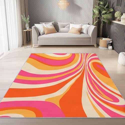 UUZEAI Retro 70er Jahre Teppich Wohnzimmer Waschbar Abstrakte Wellen Wirbel Weich rutschfest Innen Fußmatte für Schlafzimmer Waschküche Bad Orange Rosa Kurzflor Teppich 60x110cm von UUZEAI