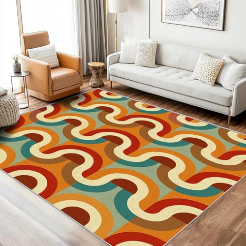 UUZEAI Retro 70er Jahre Trendy Teppich, Bunte Abstrakt Gestreift Schachbrett, Fußmatte Waschbar, Midcentury Modern Teppiche für Deko Wohnzimmer Schlafzimmer, Weich rutschfeste Yogamatte 40x120cm von UUZEAI