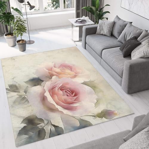 UUZEAI Romantische Retro Blumen Teppich Schlafzimmer Weich Kurzflor Teppich Rosa Aquarell-Rosen für Wohnzimmer, Küche, Esszimmer, Rutschfester Waschbar Bodenmatte 100x120cm von UUZEAI