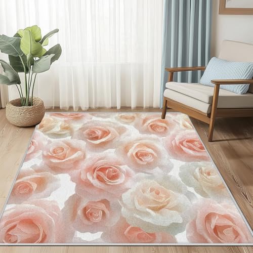 UUZEAI Romantischer Rosenblumen-Teppich für Schlafzimmer, floraler ästhetischer Teppich, waschbare, rutschfeste Bodenmatte für Wohnzimmer, Badezimmer, Cremerosa (50 x 80 cm) von UUZEAI