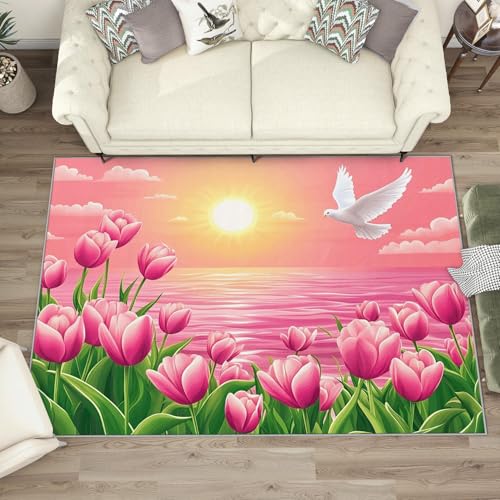 UUZEAI Rosa Tulpen Teppich Schlafzimmer, Garten Blumen Landschaft Teppiche Mädchen, Weich rutschfest Waschbare Teppich für Esszimmer Wohnzimmer 180x200cm von UUZEAI