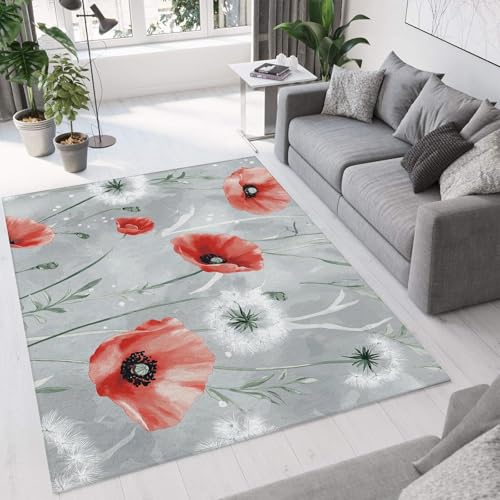 UUZEAI Rot Mohnblumen Botanisch Teppich für Wohnzimmer Schlafzimmer Dekor Teppiche Kurzflor Waschbar rutschfest Bodenmatte für Küche Korridor Esszimmer, Gray 140x200cm UUZEAI Rot Mohnblumen Botanisch Teppich für Wohnzimmer Schlafzimmer Dekor Teppiche Kurzflor Waschbar rutschfest Bodenmatte für Küche Korridor Esszimmer, Gray 140x200cm von UUZEAI