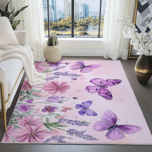 UUZEAI Rustikale Teppich Wohnzimmer Mädchen rutschfest Waschbar Schmetterling Narzisse Blumen Muster Moderner Weich Kurzflor Teppiche für Schlafzimmer Kinderzimmer Lila 150x250cm UUZEAI Rustikale Teppich Wohnzimmer Mädchen rutschfest Waschbar Schmetterling Narzisse Blumen Muster Moderner Weich Kurzflor Teppiche für Schlafzimmer Kinderzimmer Lila 150x250cm von UUZEAI
