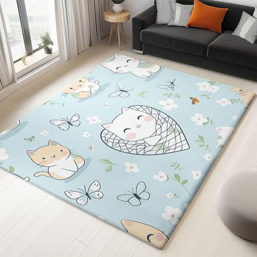 UUZEAI Schlafzimmerteppich für Kinder mit Cartoon-Motiv, Katze, Schmetterling, Blumen, waschbar, weich, rutschfest, für Wohnzimmer, Spielzimmer, Dekoration, Blau (60 x 150cm) von UUZEAI