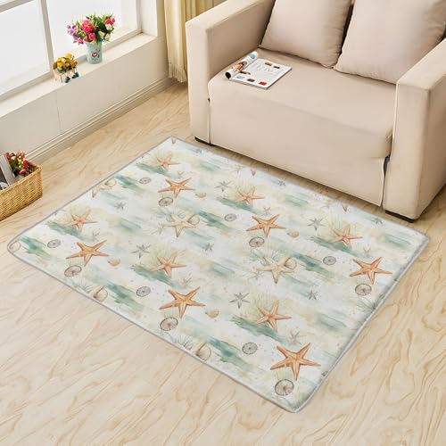 UUZEAI Strand-Seestern-Muschel-Teppich, waschbarer Küstenteppich für Küche, Wohnzimmer, Schlafzimmer, rutschfeste Bodenmatte für den Innenbereich (90 x 120 cm) von UUZEAI
