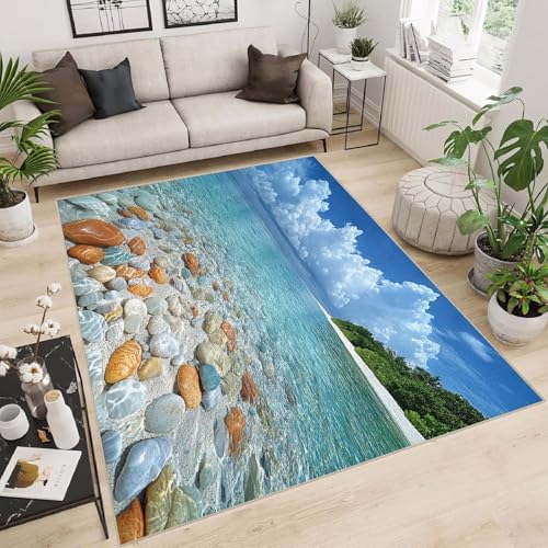 UUZEAI Strand-Stein Wohnzimmer Teppich Waschbare, Ozean Landschaft 3D Gedruckt Moderner Teppich für Dekor Schlafzimmer, Bad, Esszimmer, Weich Kurzflor rutschfest Fußmatte 60x150cm von UUZEAI