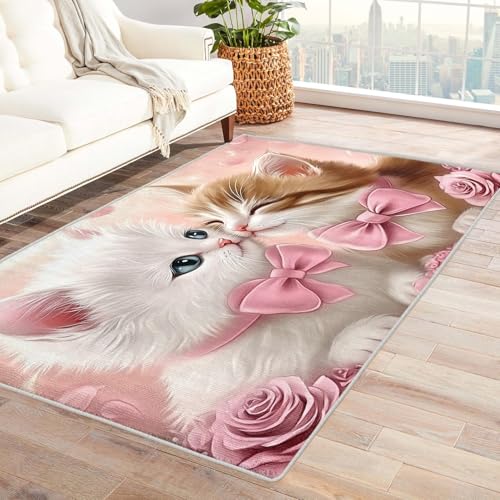UUZEAI Süßes Kätzchen Teppich Kinderzimmer, Katze Muster Kurzflor Modern Teppich Mädchen Schlafzimmer Teppiche Groß Weiche rutschfest Waschbarer Teppiche Wohnzimmer 180x200cm von UUZEAI