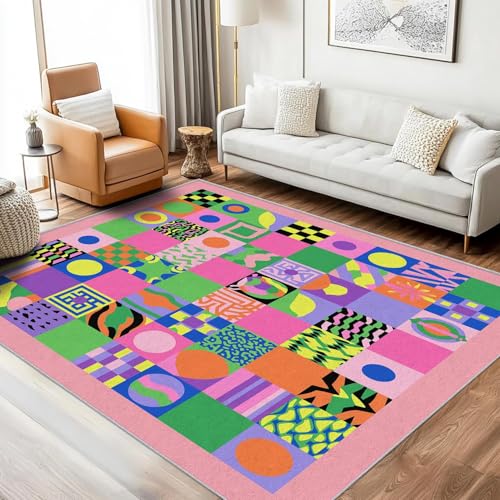 UUZEAI Teppich Bunt Karierter Geometrisch Schlafzimmer Kurzflor Moderne der Mitte des Jahrhunderts Teppiche für Wohnzimmer Jugendzimmer Deko, Weich, Waschbar, rutschfest(180x200cm) von UUZEAI