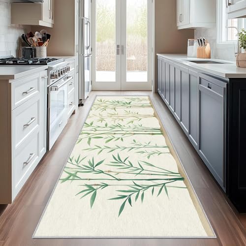 UUZEAI Teppich Flur rutschfest Waschbar Küchen Läufer Pflanze Bambus Chinesisch Asiatisch Stil Beige Kurzflor Teppiche für Wohnzimmer Schlafzimmer Deko, Weich Fußmatte Innen(120x240cm) von UUZEAI