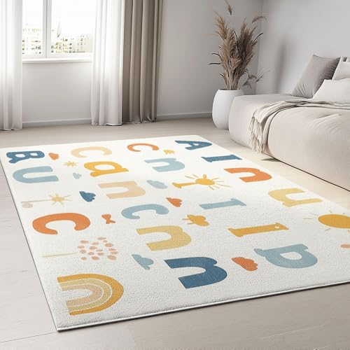 UUZEAI Teppich Kinderzimmer Mädchen Jungs Cartoon Sonne Regenbogen Buchstaben Weich rutschfest Teppiche Waschbar für Spielzimmer Wohnzimmer Schlafzimmer Deko, Bunt(150x210cm) von UUZEAI