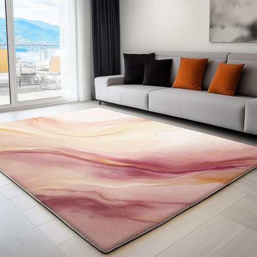 UUZEAI Teppich Kurzflor Schlafzimmer Minimalistischer Stil Abstrakter Marmor Muster Weich rutschfest Waschbare Teppiche für Wohnzimmer Flur Esszimmer, Rosa Gold(100x120cm) von UUZEAI