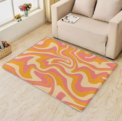 UUZEAI Teppich Kurzflor Wohnzimmer 70er 80er Retro Style, Rosa Orange Abstrakte Wellenmuster Weich rutschfest Washable Teppiche für Flur Schlafzimmer Jugendzimmer Deko(180x200cm) von UUZEAI