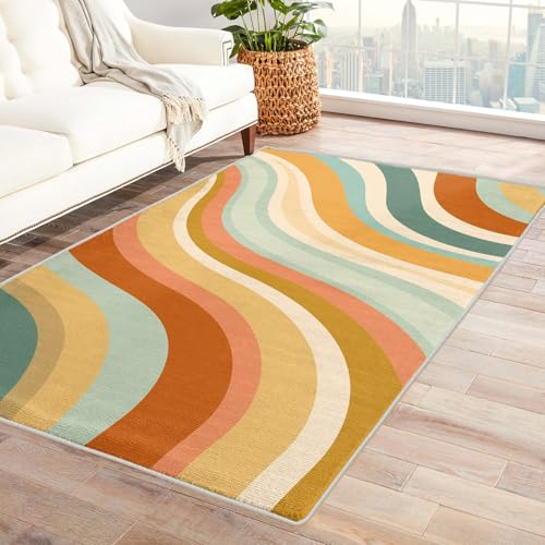 UUZEAI Teppich Kurzflor Wohnzimmer Bunt Abstrakt Modewellen Streifen Design Weich Waschbar Teppich für Deko Schlafzimmer Esszimmer, rutschfest Fussmatte Innen(60x180cm) von UUZEAI