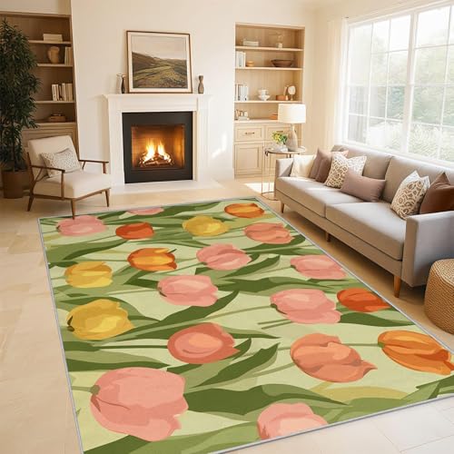 UUZEAI Teppich Kurzflor Wohnzimmer Mädchen Rosa Orange Gelb Blumen Muster Gartenstil Weiche Teppiche Schlafzimmer Deko, Waschbare rutschfest Fussmatte Innen, Grün(90x120cm) von UUZEAI