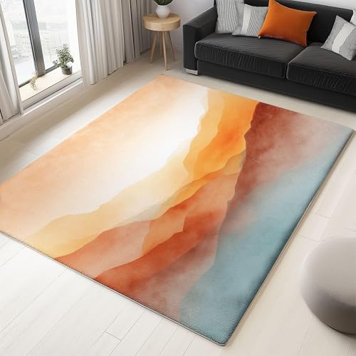 UUZEAI Teppich Kurzflor Wohnzimmer Minimalismus Abstrakte Berge Muster Moderne 3D Optik Teppiche Waschbar rutschfest für Schlafzimmer Esszimmer Flur, Orange Braun(60x90cm) von UUZEAI