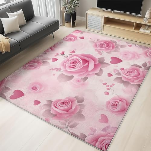 UUZEAI Teppich Kurzflor Wohnzimmer Moderne Mädchen Romantische Rosa Rosen Aquarell-Blumen Design, Waschbar Weich rutschfest Teppiche für Schlafzimmer Bad Eingangs Deko(120x240cm) von UUZEAI