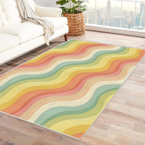 UUZEAI Teppich Rechteckig Wohnzimmer Abstrakte Bunte Wellenmuster rutschfest Waschbar Teppiche für Kinderzimmer Bettvorleger Schlafzimmer Weich Kurzflor Eingangsmatte(120x240cm) von UUZEAI