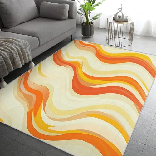 UUZEAI Teppich Retro 70er Wohnzimmer Waschbar, Orange Gelb Abstrakte Wellen Aesthetic Teppiche Innen für Schlafzimmer Badezimmer Waschküche, Weich rutschfest, Dünn(200x250cm) von UUZEAI