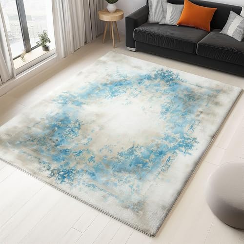 UUZEAI Teppich Waschbar Wohnzimmer Moderner Abstrakt, Blau Vintage Verblasster Distressed Design Weich Rutschfester Teppiche Kurzflor für Esszimmer Schlafzimmer Büro Dekor(90x150cm) von UUZEAI