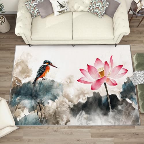 UUZEAI Teppich Wohnzimmer Kurzflor, Japanisch Orientalisch Lotus Vogel Teppich, Weich rutschfest Waschbarer Teppiche für Küche Esszimmer Schlafzimmer 200x200cm UUZEAI Teppich Wohnzimmer Kurzflor, Japanisch Orientalisch Lotus Vogel Teppich, Weich rutschfest Waschbarer Teppiche für Küche Esszimmer Schlafzimmer 200x200cm von UUZEAI