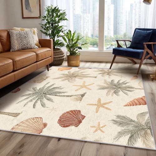 UUZEAI Teppich Wohnzimmer Nautisch, Handgezeichneter Seesterne Muscheln Palmen Kurzflor Teppiche Waschbarer für Schlafzimmer Kinderzimmer, rutschfest Fußmatte Innen Deko(80x250cm) von UUZEAI