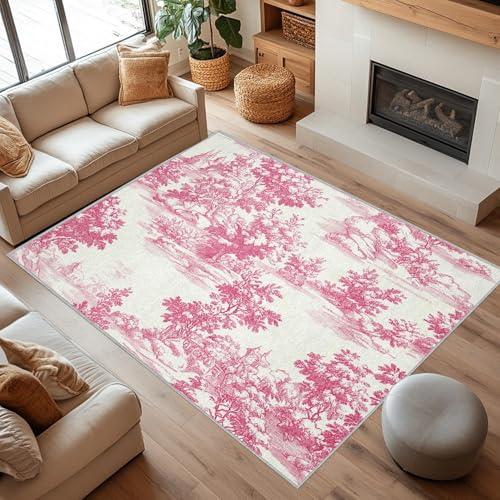 UUZEAI Teppich Wohnzimmer Vintage Französisch Landhaus Stil, Waschbar Rosa Toile de Jouy Ästhetisch Teppich, Weich Kurzflor rutschfest Fußmatte Innen für Schlafzimmer Bauernhaus Küche(50x140cm) von UUZEAI