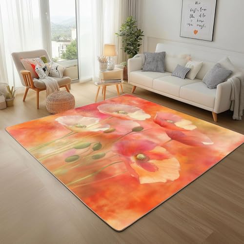 UUZEAI Vintage Blume Teppich Wohnzimmer, Mohnblumen-Aquarellkunst Waschbar Teppiche, Orange Kurzflor Schlafzimmer Teppich, Weich rutschfest Teppiche für Badezimmer 60x100cm UUZEAI Vintage Blume Teppich Wohnzimmer, Mohnblumen-Aquarellkunst Waschbar Teppiche, Orange Kurzflor Schlafzimmer Teppich, Weich rutschfest Teppiche für Badezimmer 60x100cm von UUZEAI