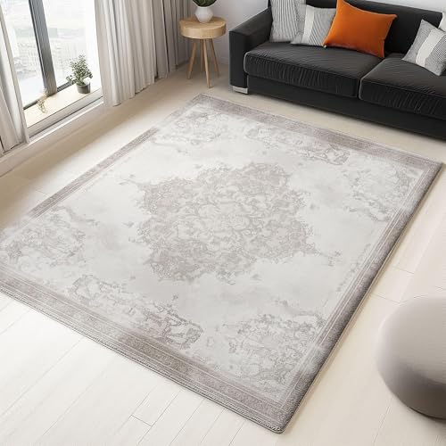 UUZEAI Vintage Orientalisch Teppich Wohnzimmer Waschbarer Boho Retro Blumen Weich Kurzflor rutschfest Tepich für Esszimmer Schlafzimmer Flur Büro, Beige Grau(100x150cm) von UUZEAI