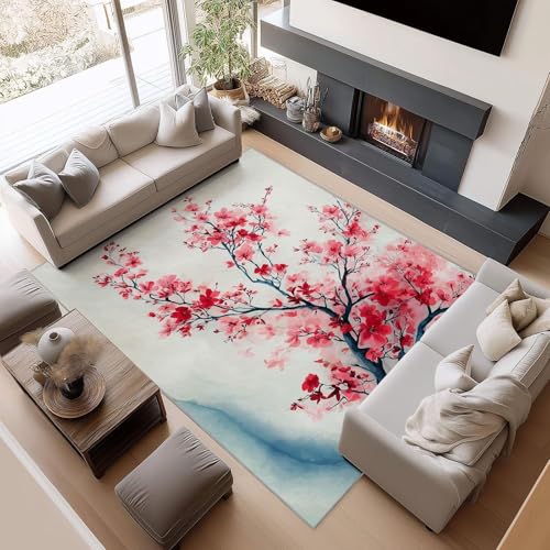UUZEAI Waschbar Teppich Wohnzimmer Tuschemalerei Japanisch Kirschblüten Kurzflor Teppiche Schlafzimmer Deko Weich rutschfeste Fußmatte für Arbeitszimmer Esszimmer Flur 90x180cm von UUZEAI