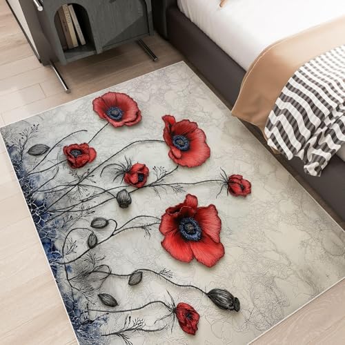 UUZEAI Waschbare Teppich Wohnzimmer Rot Mohnblumen Vintage Ölgemälde Kunst Moderne Weich Kurzflor rutschfest Teppiche Rustikale für Flur Esszimmer Küchen Schlafzimmer(60x110cm) von UUZEAI