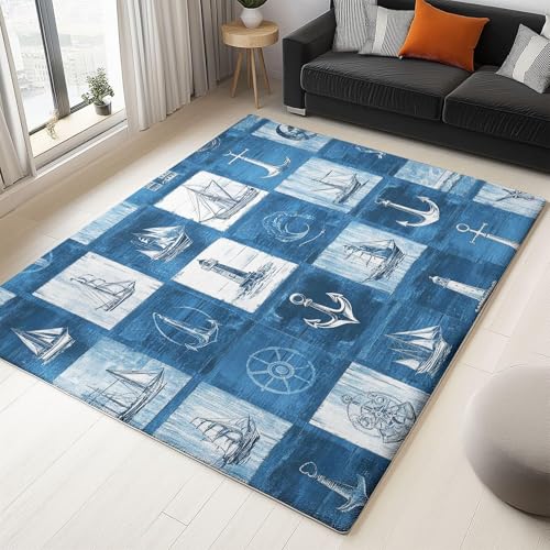 UUZEAI Waschbarer Teppich Traditioneller Maritimer Stil Anker Kompass Muster Design Teppich für Wohnzimmer, Schlafzimmer, Flur Deko, Weich Kurzflor rutschfest Bodenmatte Blau 120x170cm von UUZEAI
