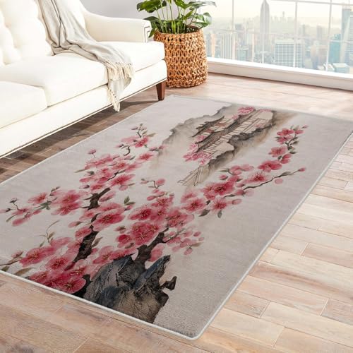 UUZEAI Waschbarer Teppich Wohnzimmer Asiatischer Stil Kirschblüten Berg Japanisch Kurzflor Teppich Weiche rutschfest für Küche Esszimmer Schlafzimmer Deko 120x170cm UUZEAI Waschbarer Teppich Wohnzimmer Asiatischer Stil Kirschblüten Berg Japanisch Kurzflor Teppich Weiche rutschfest für Küche Esszimmer Schlafzimmer Deko 120x170cm von UUZEAI