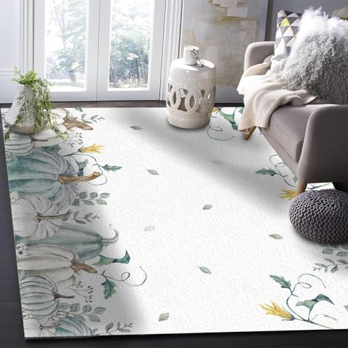 UUZEAI Waschbarer Teppich Wohnzimmer Herbst Kürbis Eukalyptus-Blatt, Moderner Weicher Schlafzimmerteppich Kurzflor Rutschfester Fußmatte für Kinderzimmer Küche Eingangs 60x90cm von UUZEAI