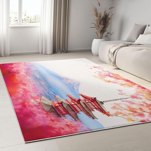 UUZEAI Waschbarer Teppich Wohnzimmer Japanische Stil Kirschblüten Berg Turm Aquarell Weich rutschfest Teppiche Kurzflor für Schlafzimmer Flur Esszimmer Küche, Rot(200x280cm) von UUZEAI