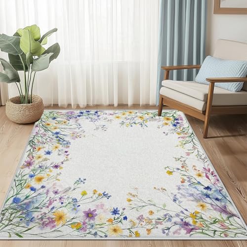 UUZEAI Waschbarer Teppich mit Aquarell-Botanik-Wildblumen, Schlafzimmerteppich mit Frühlingsblumenmuster, rutschfeste Bodenmatte für Wohnzimmer und Wohnheim (160 x 230 cm) von UUZEAI