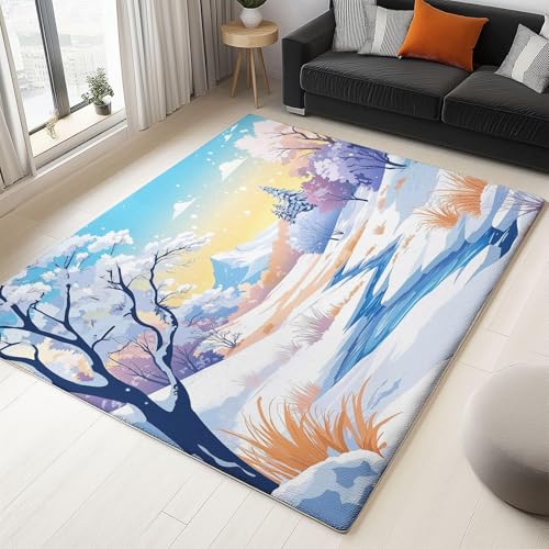 UUZEAI Waschbarer Teppiche Wohnzimmer, Aquarell Malerei Winter Schneeszene Teppich, Weich rutschfest Teppiche für Schlafzimmer, Kinderzimmer, Küche, Kurzflor Fußmatte Innen 90x180cm von UUZEAI
