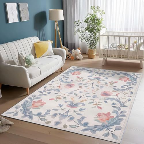 UUZEAI Waschbarer Wohnzimmerteppich, rosa hellblaue Blumen, Ranken, Aquarell, großer Rutschfester Teppich für Schlafzimmer, Heimdekoration (200 x 290cm) von UUZEAI