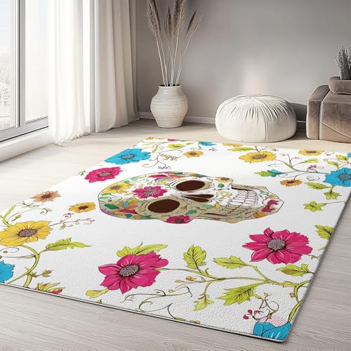 UUZEAI Weiß Bohemian Teppich Wohnzimmer, Bunte Blumen Schädel Muster, Weich Waschbarer rutschfeste Teppich für Esszimmer, Küche, Schlafzimmer Bettvorleger Innen Fußmatte 60x120cm UUZEAI Weiß Bohemian Teppich Wohnzimmer, Bunte Blumen Schädel Muster, Weich Waschbarer rutschfeste Teppich für Esszimmer, Küche, Schlafzimmer Bettvorleger Innen Fußmatte 60x120cm von UUZEAI