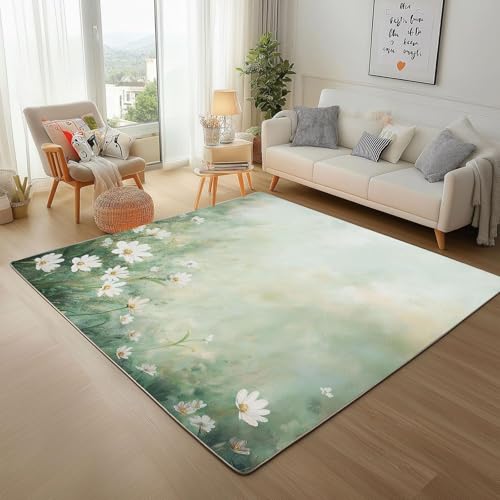 UUZEAI Weiß Gänseblümchen Rustikaler Teppiche Schlafzimmer, Weich Waschbar Teppich Groß, Frühling Blumen Pflanzemuster Teppich rutschfest für Wohnzimmer Flur 180x280cm von UUZEAI