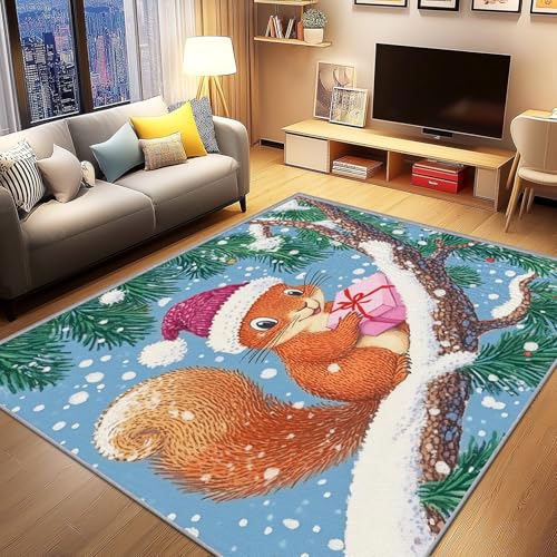 UUZEAI Winter Dekor Teppich für Wohnzimmer Schlafzimmer, Schneeflocke Eichhörnchen Waldtiere Kurzflor Kinderzimmer Teppiche Weich Rutschfester Waschbar Fußmatte 120x180cm von UUZEAI