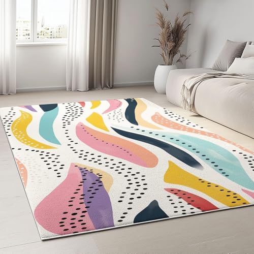 UUZEAI Wohnzimmer Teppich Handgemalter Abstrakt Bunt Wellen Muster 90er Jahre Retro-Stil Waschbarer rutschfest Weich Kurzflor Teppich für Jugendzimmer Schlafzimmer Kinderzimmer(150x180cm) von UUZEAI