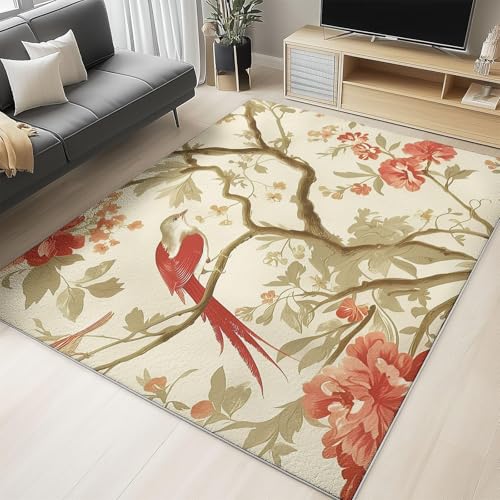 UUZEAI rutschfest Waschbar Teppich Wohnzimmer Vintage Elegante Blumen und Vogel Weich Kurzflor Teppiche Innenbereich für Schlafzimmer Esszimmer Küche Rechteck Bodenmatte(120x190cm) von UUZEAI
