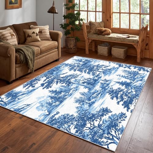 UUZEAI rutschfeste Bodenteppiche Wohnzimmer Vintage Kiefernwald Design, Chinesische Dekor Teppiche Kurzflor Waschbarer für Flur Küche Schlafzimmer, Blau Weiß(40x60cm) von UUZEAI