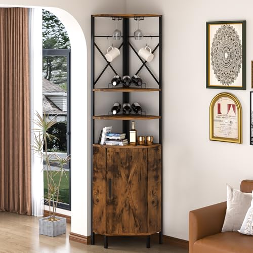 UVANIOHOM 6-stöckiger Eck-Barschrank, industrieller Weinschrank mit Glashalter & 2 flexiblen Haken, Bauernhaus-Likörschrank mit Tür für kleinen Raum, Küche, rustikales Braun UVANIOHOM 6-stöckiger Eck-Barschrank, industrieller Weinschrank mit Glashalter & 2 flexiblen Haken, Bauernhaus-Likörschrank mit Tür für kleinen Raum, Küche, rustikales Braun von UVANIOHOM