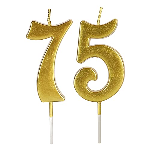 Geburtstagskerzen mit Zahl 75 und 57. Geburtstag für Tortenaufsatz, Zahl 75 57, Glitzer, Premium-Kerze, Party, Jahrestag, Feier, Dekoration für Kinder, Frauen oder Männer, Gold von UVATAHONA