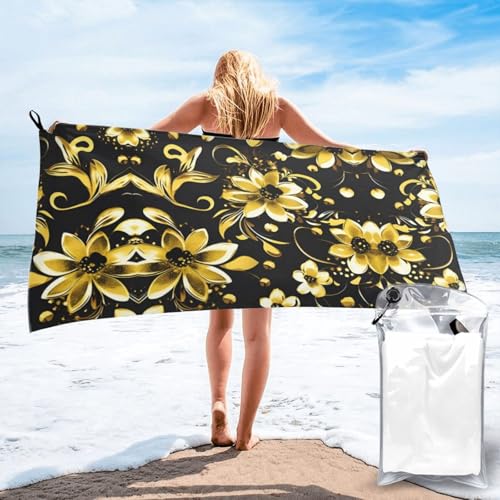 UVBDF Mikrofaser-Sporthandtuch mit schwarzen und goldenen Blumen, schnell trocknend, weiches Mikrofaser-Camping-Handtuch UVBDF Mikrofaser-Sporthandtuch mit schwarzen und goldenen Blumen, schnell trocknend, weiches Mikrofaser-Camping-Handtuch von UVBDF